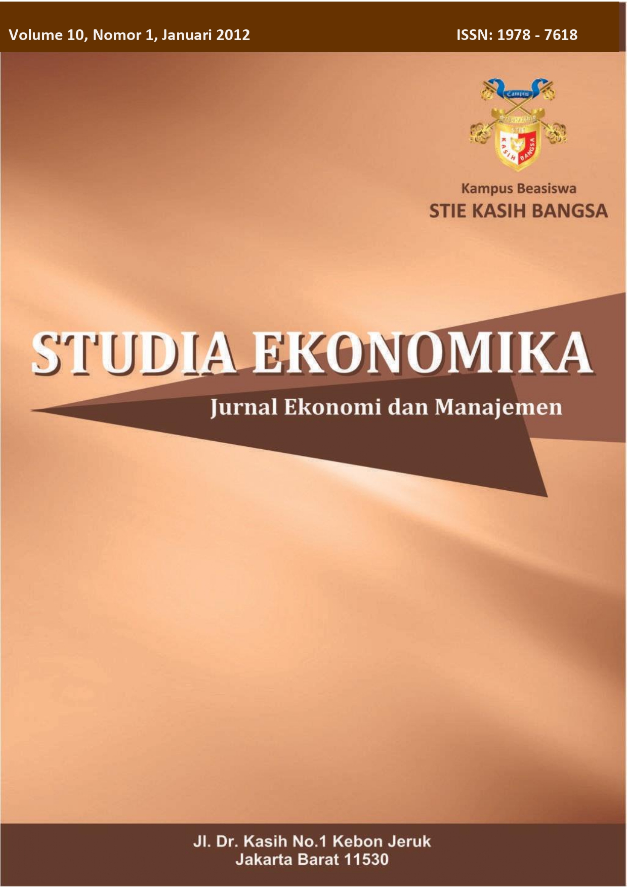 					View Vol. 10 No. 1 (2012): Studia Ekonomika Volume 10 Nomor 1 Januari Tahun 2012
				